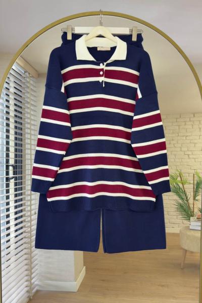 Polo Yaka Şeritli Triko Takım Lacivert