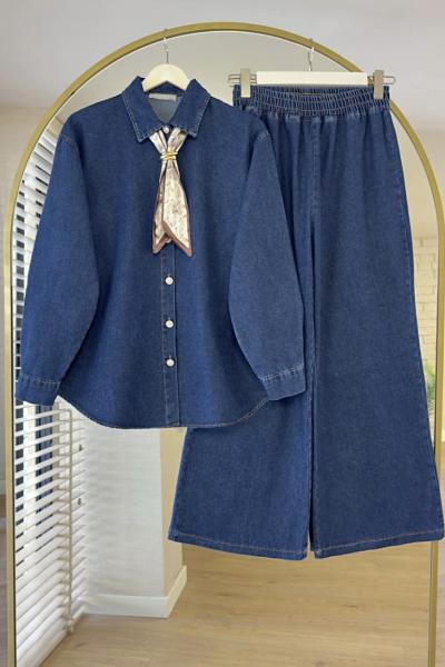 Fularlı Kot Takım Kot Mavisi