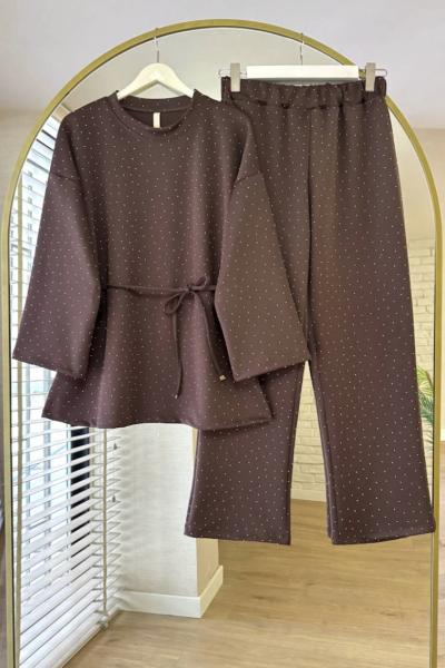 Taş Baskılı Scuba Takım Acı Kahve