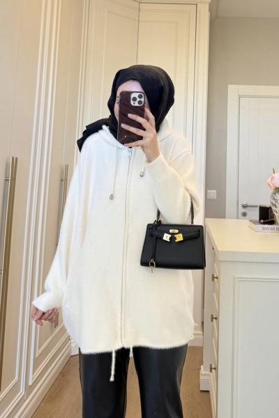 Fermuarlı Angora Hırka Ekru