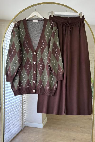 Baklava Desenli Triko Takım Acı Kahve