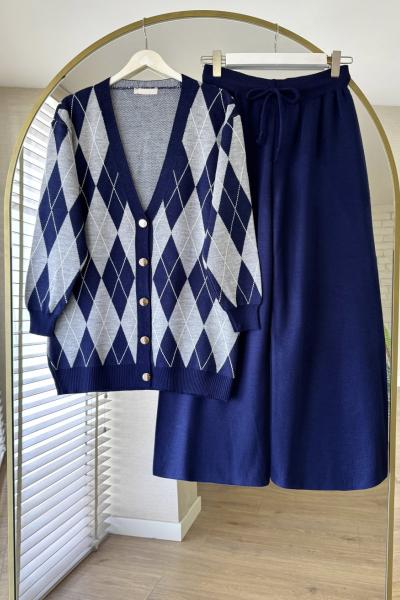 Baklava Desenli Triko Takım Lacivert