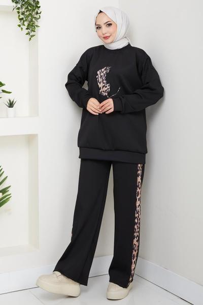 Leopar Desenli Modal Takım Siyah