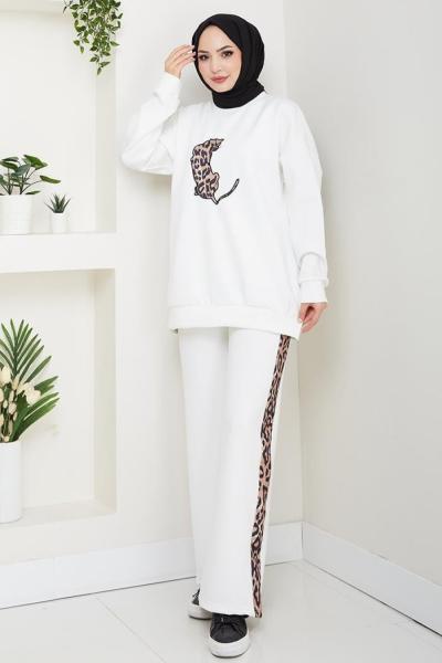 Leopar Desenli Modal Takım Beyaz