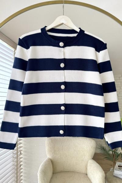 Şeritli Triko Hırka Lacivert