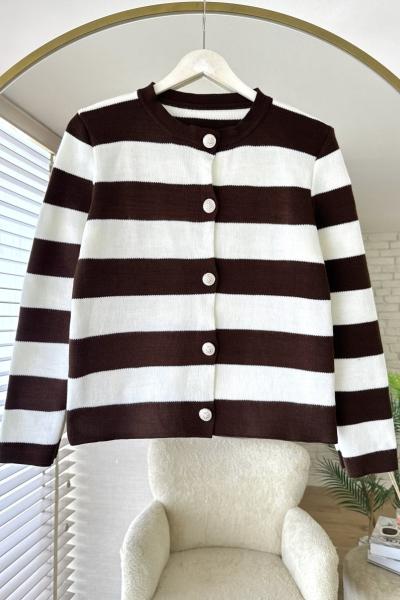 Şeritli Triko Hırka Kahverengi