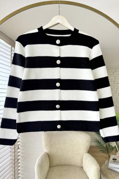 Şeritli Triko Hırka Siyah