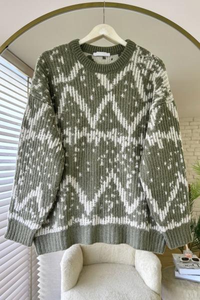 Jakar Desenli Oversize Kazak Yeşil