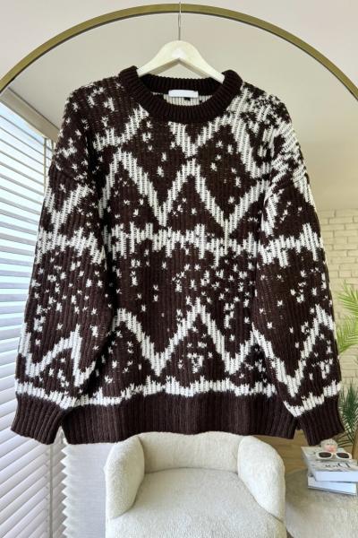 Jakar Desenli Oversize Kazak Acı Kahve