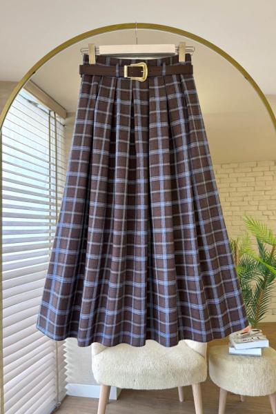 Pileli Ekose Etek Kahverengi mavi