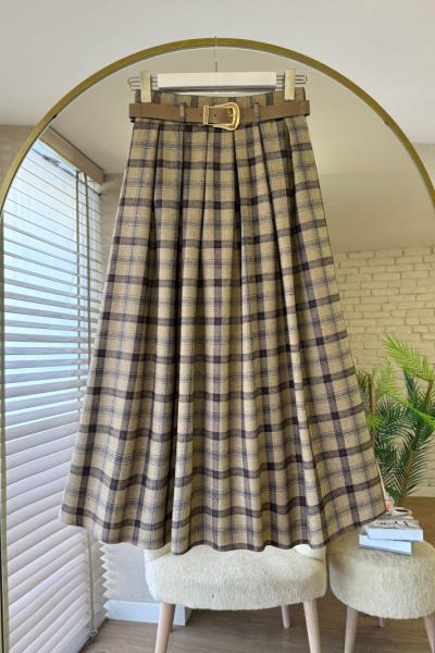 Pileli Ekose Etek Bej - Kahverengi