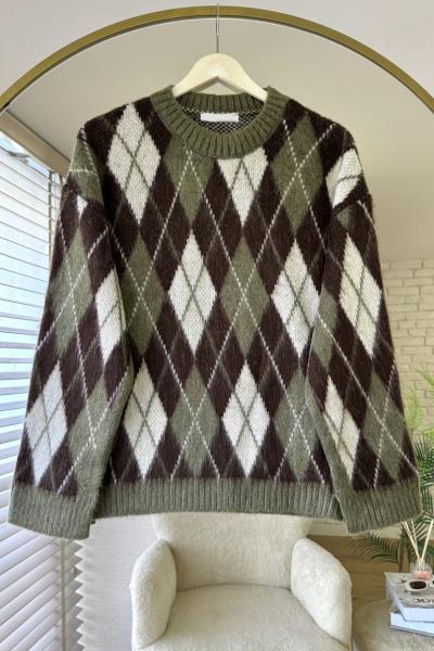 Baklava Desenli Yırtmaçlı Kazak Kahverengi - Haki