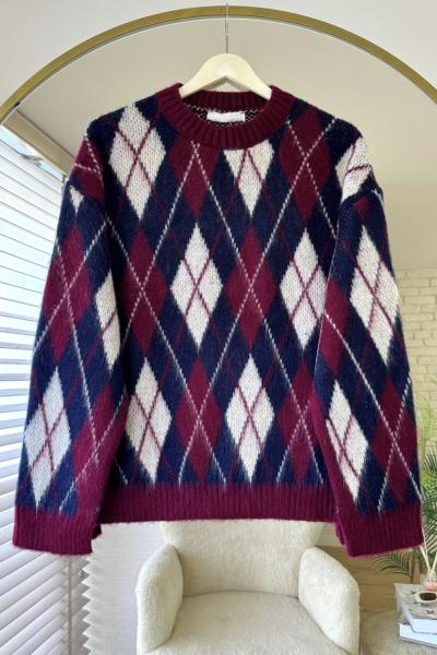 Baklava Desenli Yırtmaçlı Kazak Bordo-Lacivert