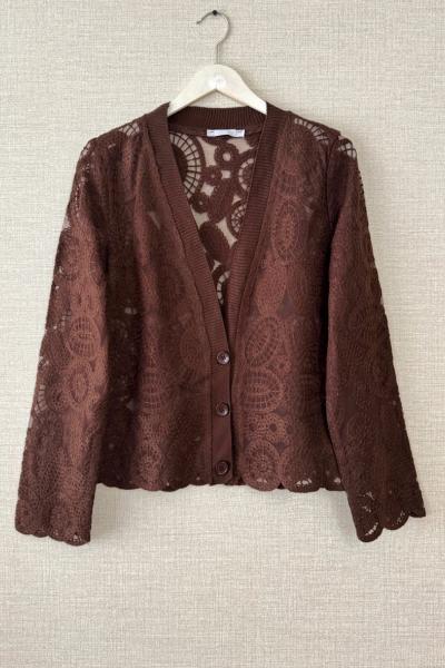 Nakışlı Tül Hırka Acı Kahve