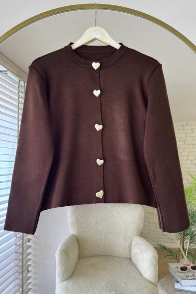 Kalp Düğmeli Hırka Kahverengi