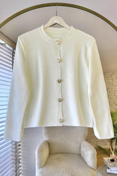 Kalp Düğmeli Hırka Ekru