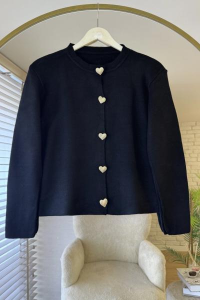 Kalp Düğmeli Hırka Siyah