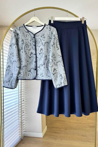 Etnik Desenli Etekli Takım Lacivert