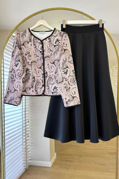 Etnik Desenli Etekli Takım Siyah