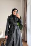 Tek Düğmeli Uzun Deri Trençkot Siyah