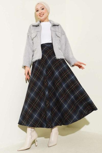 Desenli Kloş Kaşe Etek Lacivert