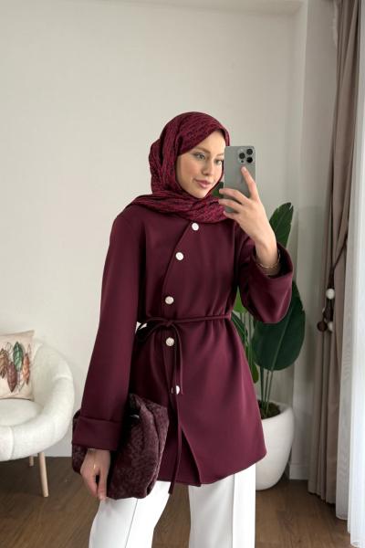 Duble Kol Asimetrik Düğmeli Ceket Bordo