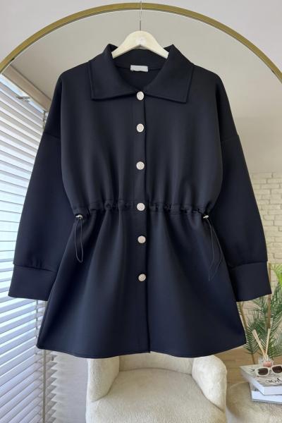 Beli Büzgülü Düğmeli Ceket Siyah