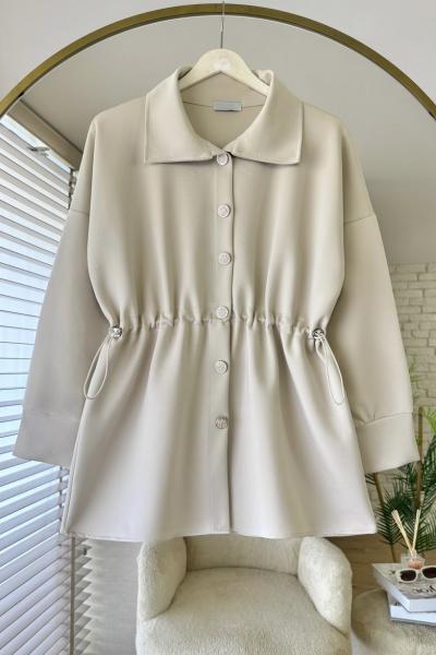 Beli Büzgülü Düğmeli Ceket Bej