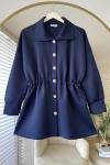 Beli Büzgülü Düğmeli Ceket Lacivert