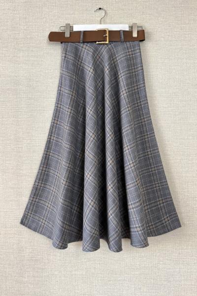 Kemerli Ekose Etek Gri Vizon