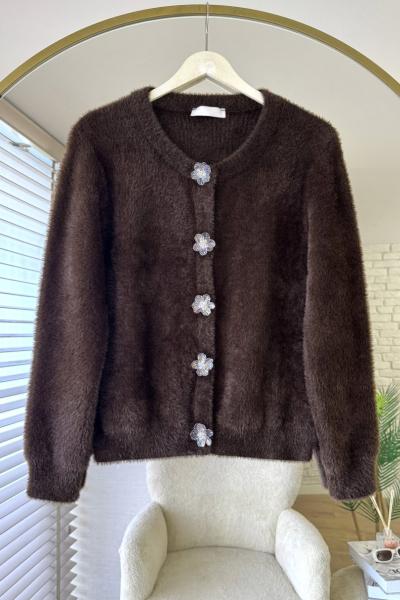 Çiçek Düğmeli Yumoş Hırka Acı Kahve