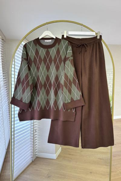 Duble Kollu Desenli Triko Takım Acı Kahve