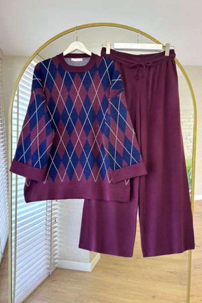 Duble Kollu Desenli Triko Takım Mürdüm