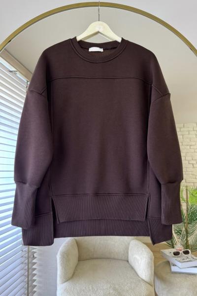 Önü Yırtmaçlı Parçalı Sweatshirt Acı Kahve