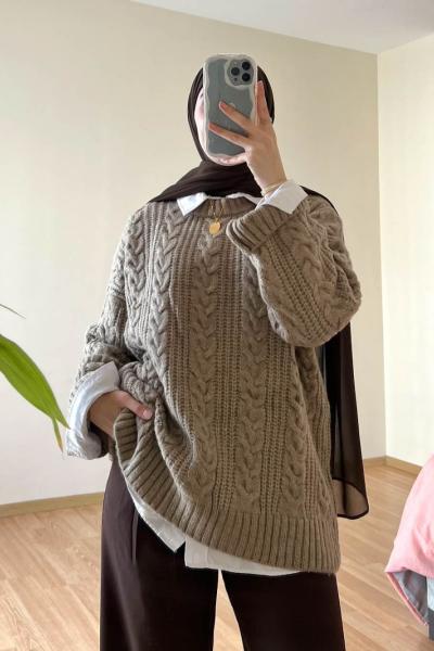 Saç Örgü İpek Kazak Kum Beji