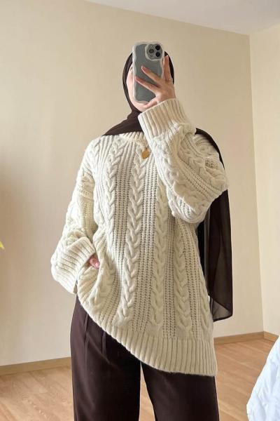 Saç Örgü İpek Kazak Krem