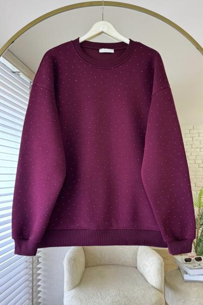 Taş Baskılı Oversize Sweatshirt Bordo