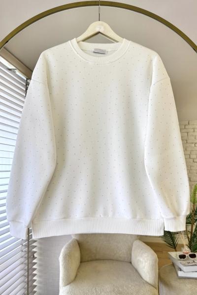 Taş Baskılı Oversize Sweatshirt Beyaz