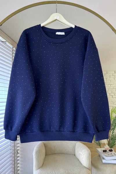 Taş Baskılı Oversize Sweatshirt Lacivert