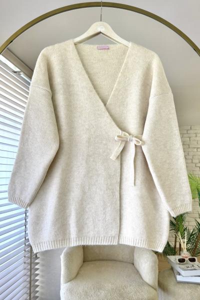 Yandan Bağlamalı Triko Hırka Krem