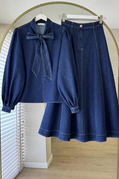 Yaka Bağcıklı Denim Takım Lacivert