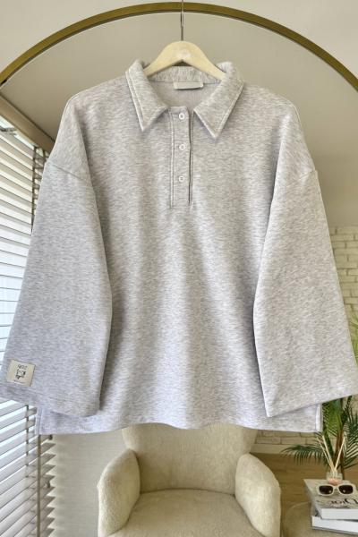 Polo Yaka Armalı Sweatshirt Gri Melanj