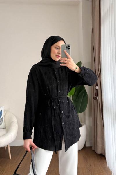 Pul İşlemeli Armürlü Gömlek Siyah