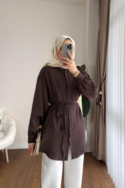 Pul İşlemeli Armürlü Gömlek Koyu Kahverengi