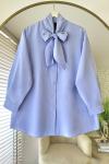 Yakası Bağcıklı Oversize Gömlek Mavi