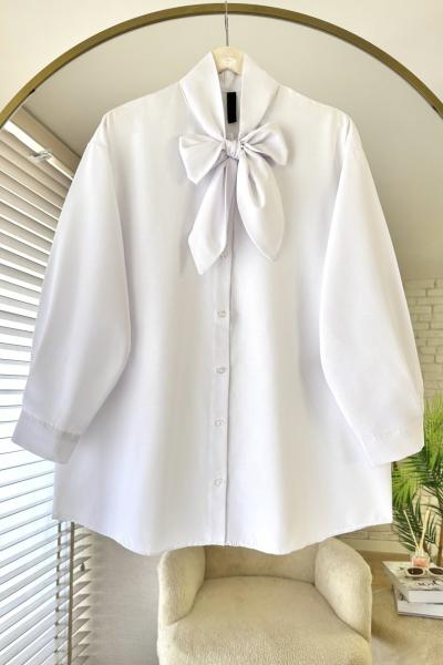 Yakası Bağcıklı Oversize Gömlek Beyaz