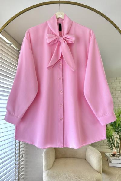 Yakası Bağcıklı Oversize Gömlek Pembe