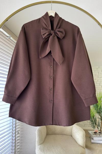 Yakası Bağcıklı Oversize Gömlek Acı Kahve