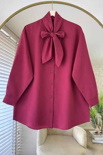 Yakası Bağcıklı Oversize Gömlek Bordo