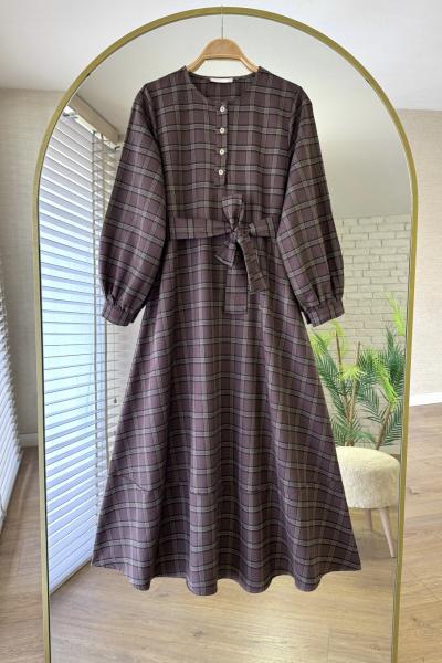 Robalı Ekose Elbise Acı Kahve - Haki